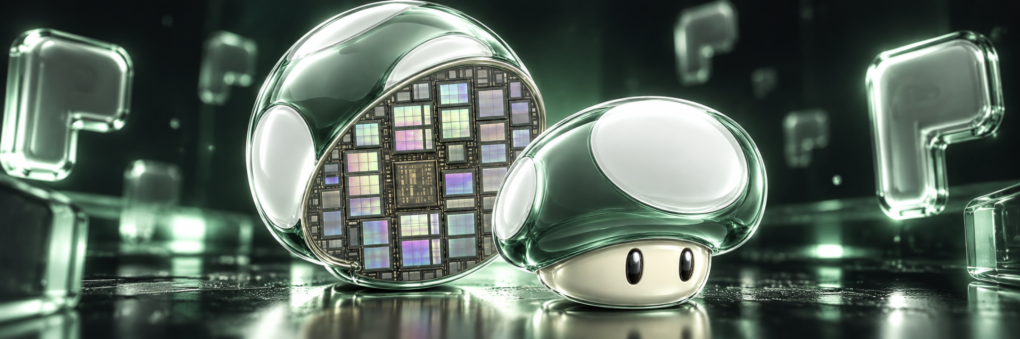 PONSHROOM glass mushrooms in a dark green circuit chamber