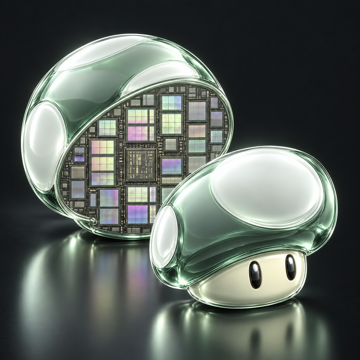 Glass PONSHROOM character with a circuit core